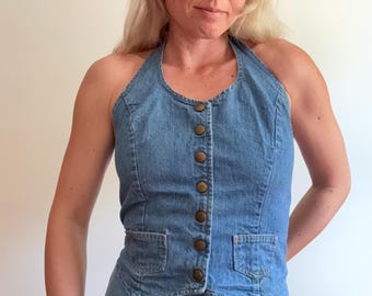 Medium Vintage 1970s Denim Blue Halter Crop Top 70s Hippie Groovy snap rumble seat 60s 1960s Nylon Mid wash light tie neck