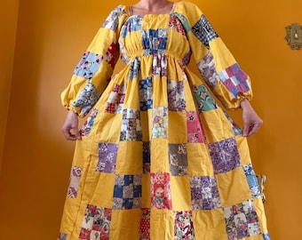 Upcycled Yellow Feedsack Puff Sleeve Quilt Top Midi Maxi Dress 40s Groovy Hippie Colorful Dress Balloon Sleeve Small Pastel 1940s Patchwork