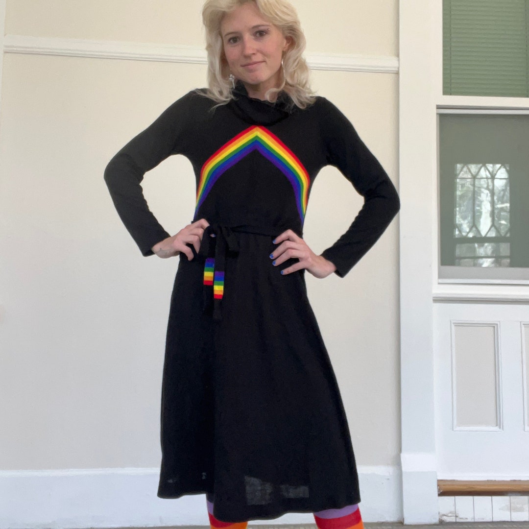 1970s Gray Rainbow Stripe Knit Dress | S/M