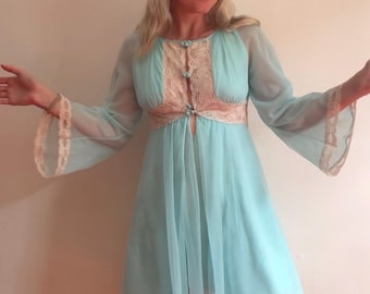 Vintage 1970s Pastel Blue Nightgown Robe Set Sheer Barbie Loungewear Long Dress Groovy Hippie Pinup Sexy 60s Pajamas PJs peignoir mini lace