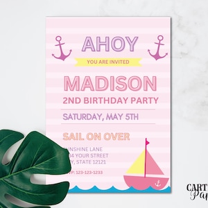 Pink Nautical Birthday Invitation |  Printable  |  Canva Template  |  Party