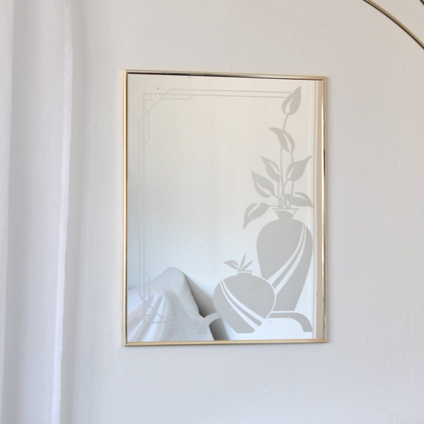 Vintage 80's Art Deco Mirror, Screen Printed Mirror with Vase and Flowers, Retro Wall Art