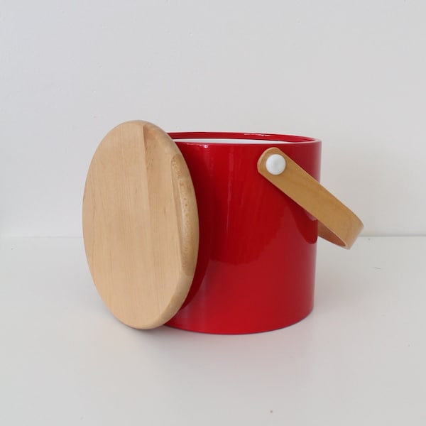 Mid-Century Ice Bucket, MCM Retro Red Cooler with Wood Handle