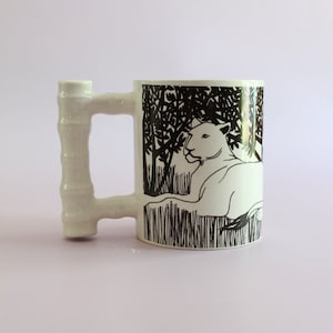Vintage 80&#39;s Lion Mug, Black and White Japan Mug with &quot;Bamboo&quot; Handle