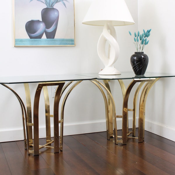 Vintage Art Deco Brass Side Tables, Hollywood Regency Gold End Tables with Glass Top