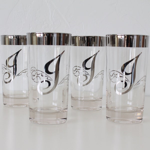 Vintage Monogramed "J" Lusterware High Ball Glasses, Retro Barware, Hollywood Regency