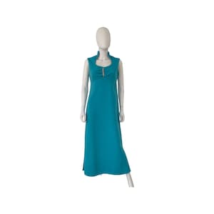 Vintage Teal Blue Maxi Dress, Retro 1960&#39;s 1970&#39;s Evening Dress with Rhinestone Detail