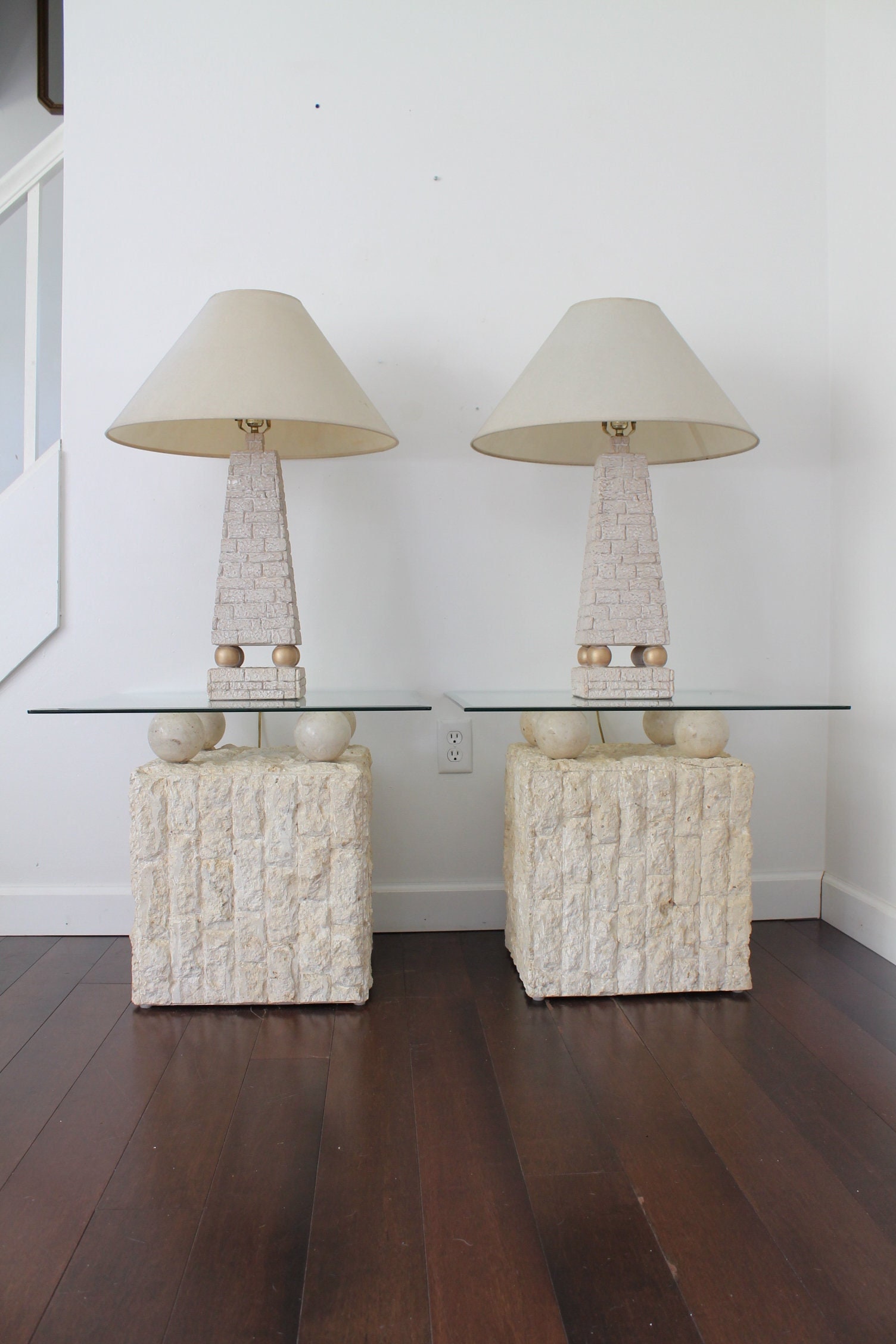 Vintage 80 s Plaster Table Lamp Postmodern Faux Stone Pyramid Orb
