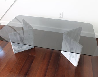 Vintage Marble Coffee Table Table, 1970's Postmodern White Carrara Marble with Smoke Glass Top