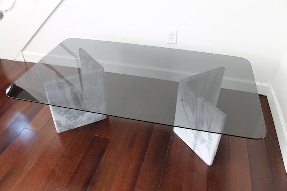 Vintage Carrara Marble Coffee Table: 1970s Postmodern Smoked Glass Top