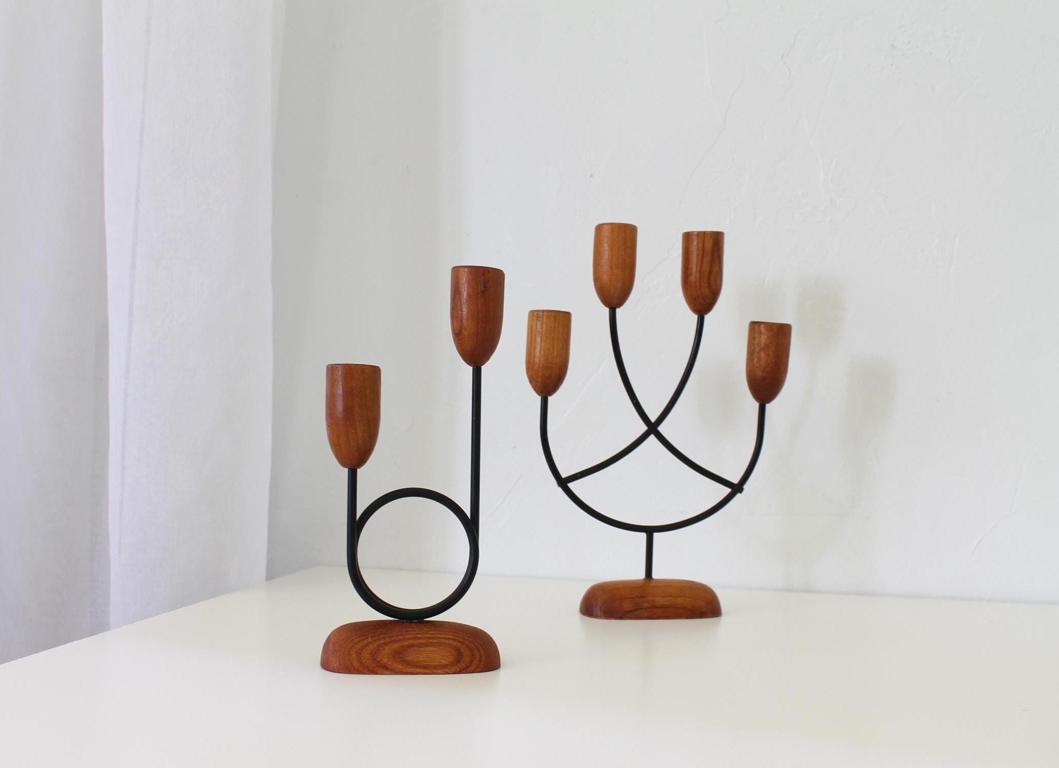 Vintage Danish Modern Candelabras, Two Teak Candleholders with Metal Frame, MCM Mid-Century Modern Home Decor