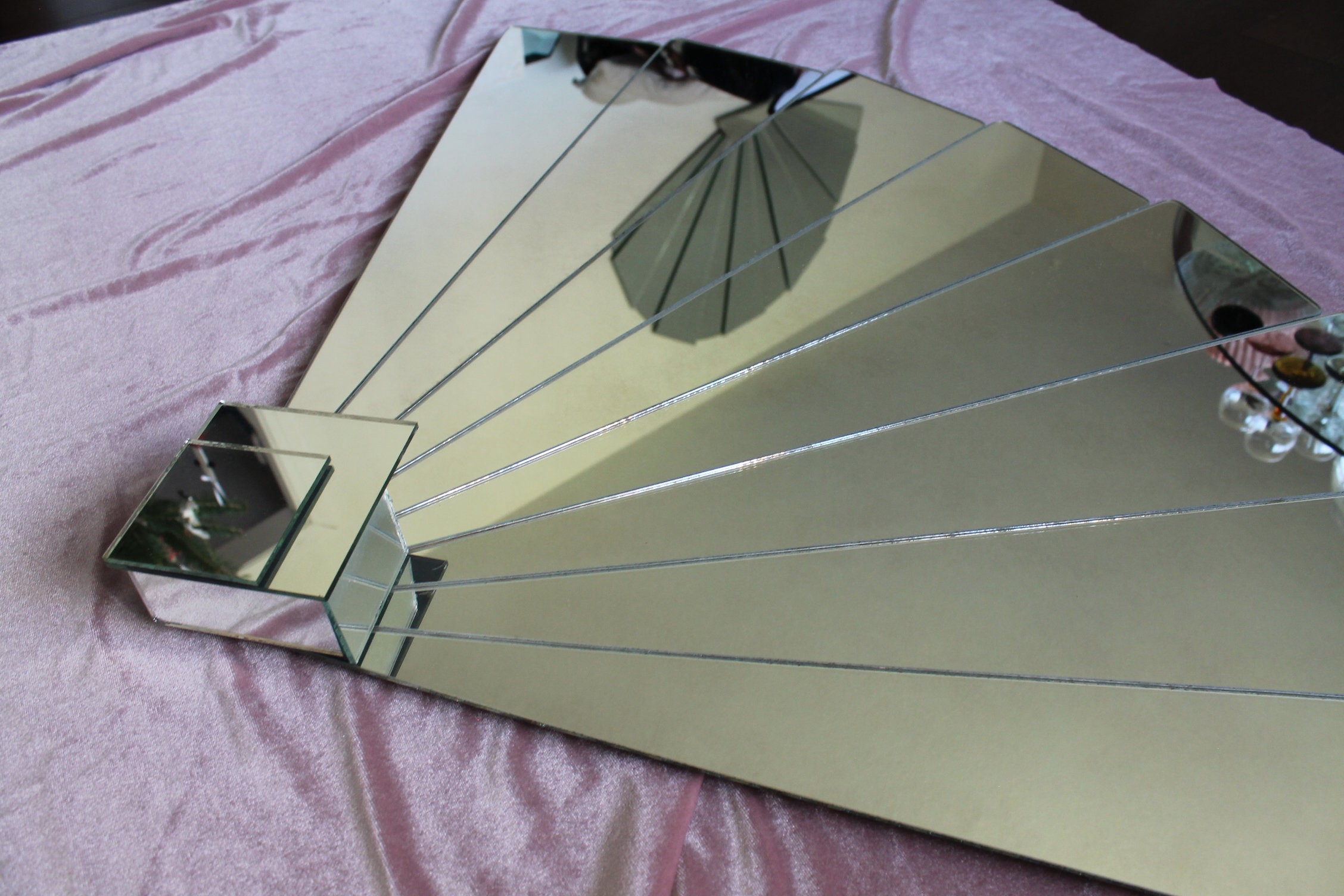 80's Art Deco Fan Mirror Vintage Wall Mirror With Flower Etsy