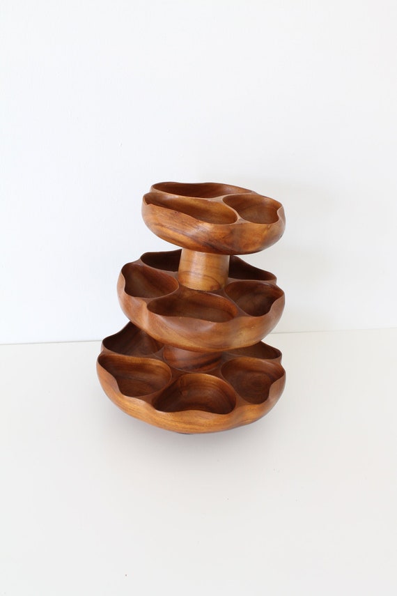 Tiered Wood Lazy Susan Serving Bowls Monkey Pod Snack Bowls Etsy