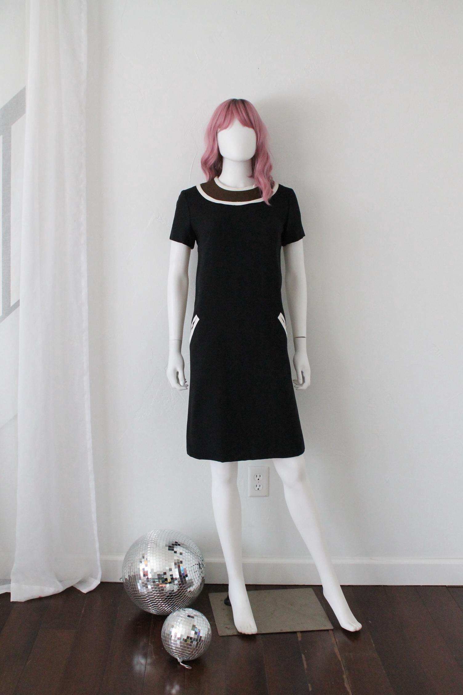 Vintage 1960s Black Shift Dress With White Trim, Retro Mod Style