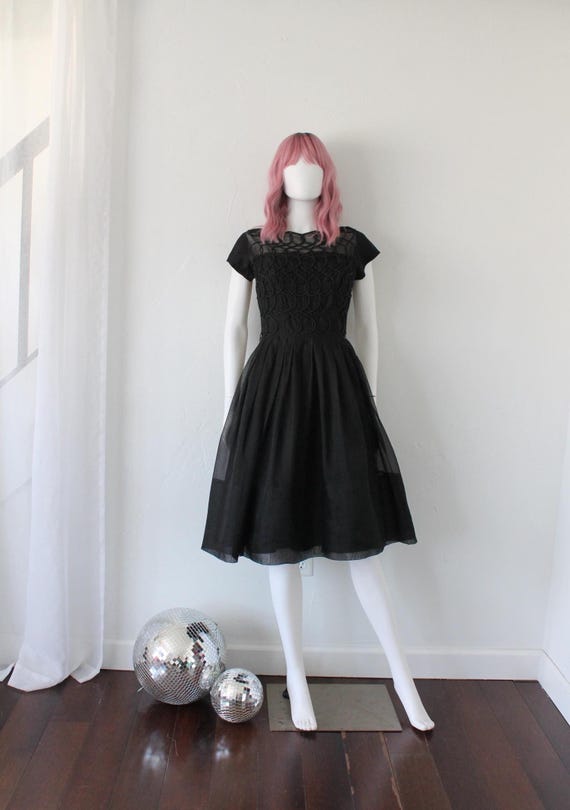 black 50s style dress Vintage '50s Fit & Flare Dress, Sheer Overlay Party Colour:Off white