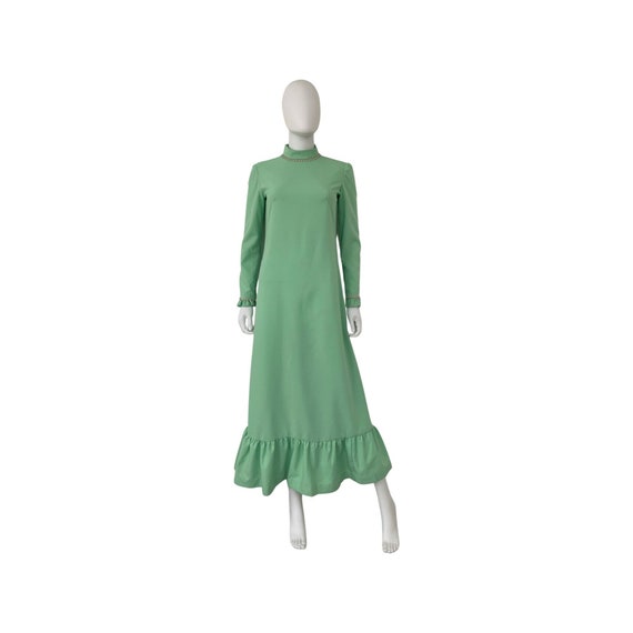 Vintage 70's Mint Green Dress with Ruffle Hem, Retro Bridesmaid Dress
