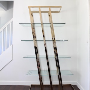 Vintage Brass Etagere Shelf Unit, Hollywood Regency, Art Deco, Mid-Century 1970's Angular Bookcase