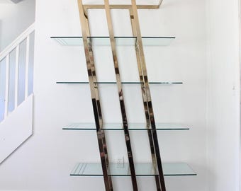 Vintage Brass Etagere Shelf Unit, Hollywood Regency, Art Deco, Mid-Century 1970's Angular Bookcase