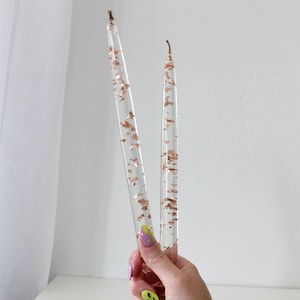 Vintage Lucite Taper Candles with Copper Foil – Clear Resin Candlesticks – Mid-Century Modern Candle Decor – Pair