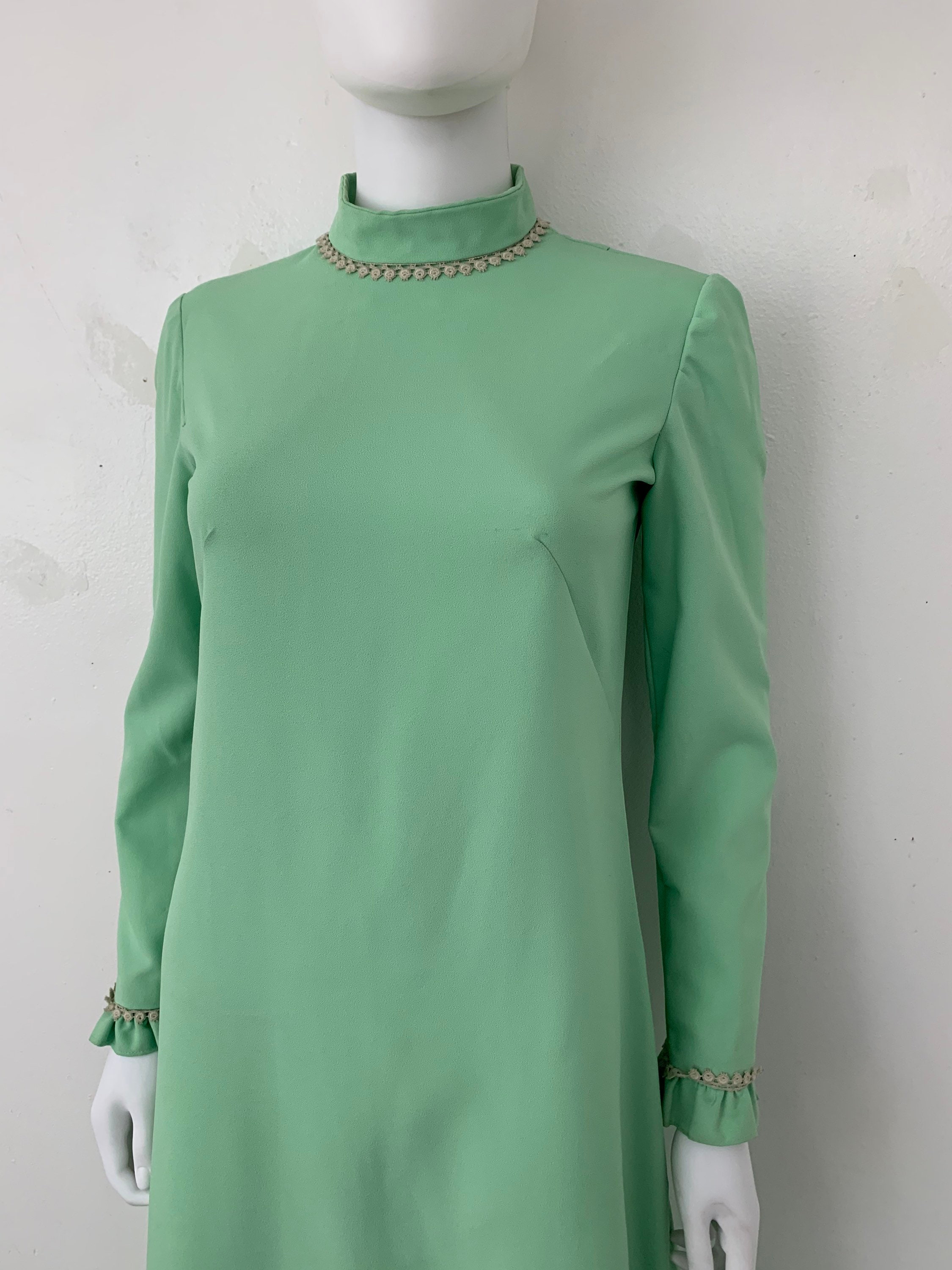 Vintage 70's Mint Green Dress with Ruffle Hem, Retro Bridesmaid Dress