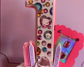 Badazzled cake topper, cake topper one, glitter party, colorful gems, gem theme.
