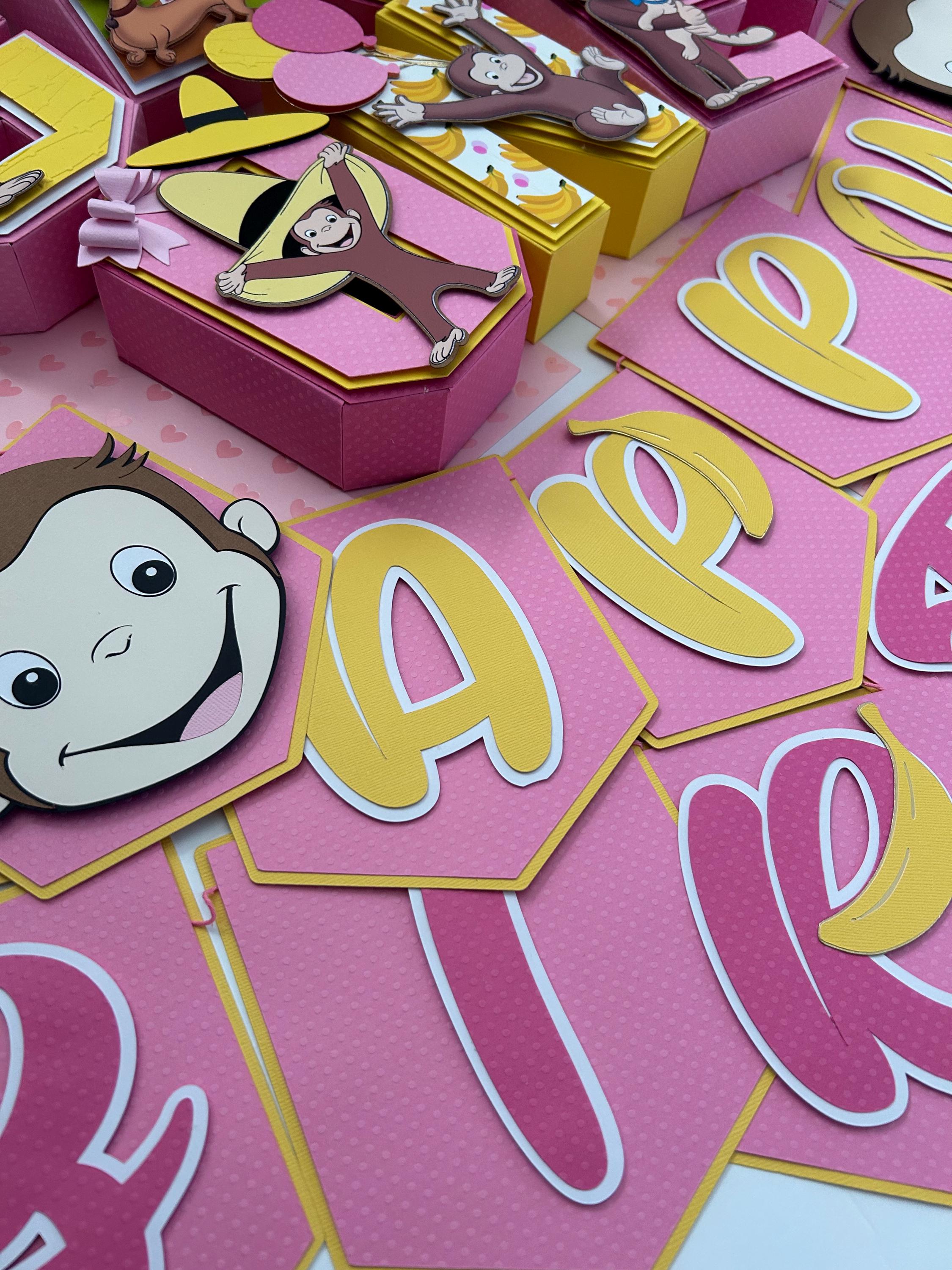 Curious George, Curious George banner, monkey Birthday, curious monkey, pink monkey, curious banner one, curious birthday girl.