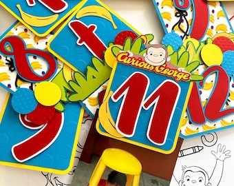 Curious George, Curious George banner, monkey Birthday banner, monkey curious, mostly banner, curious banner milestone, curious birthday.