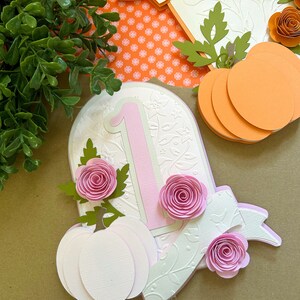 Puede incluir: Un adorno para pastel de color rosa y blanco con un número uno, una calabaza y flores de papel rosa. El adorno está sobre un fondo marrón.