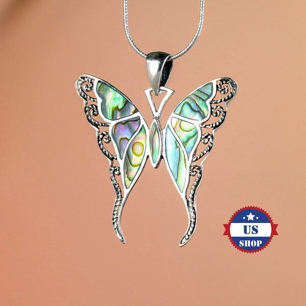 925 Sterling Silver & Mother of Pearl Butterfly Pendant - Butterfly Necklace with Abalone