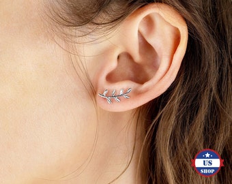 925 Sterling Silver Olive Branch Ear Climbers