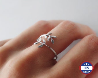 925 Sterling Silver Adjustable Leaf Ring Oliv Leaves Ring