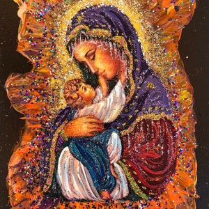 Virgen María y Jesús 7"x6"Icono coleccionable sobre panel de madera, pintado a mano por Vera y Alexander Antanenka, Certificado de autenticidad incluido