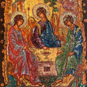 St Trinity 8"x 5,5" Icono de colección, pintado a mano sobre panel de madera - Alexander y Vera Antanenka, Certificado de autenticidad