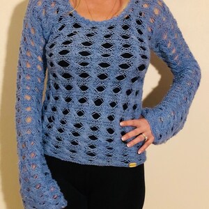 Sky Blue  - Women&#39;s 100% Hand Knit Sweater, Size S-M