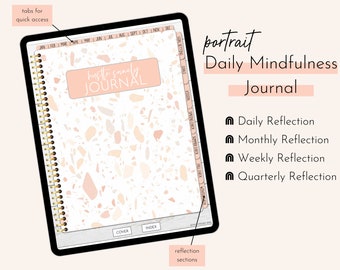 May include: A pink and white terrazzo patterned journal with gold spiral binding. The cover has the text "hustle sanely JOURNAL". The journal has tabs for quick access to daily, weekly, monthly, and quarterly reflection sections.