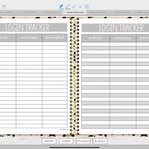 May include: A two-page spread from a planner with a gray background and black lines. The top of each page says "LOGIN TRACKER" in black text. The page is divided into three columns labeled "website", "username", and "password".