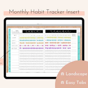 May include: A monthly habit tracker insert with colorful circles for tracking habits. The insert has tabs for quick access and is designed for landscape view. The text on the insert reads "Habit Tracker".