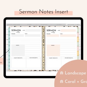 May include: A digital planner page with a leopard print background. The page is titled "Sermon Notes" and includes sections for date, speaker, topic, verses, major takeaways, and prayer requests. The page has tabs for quick access.