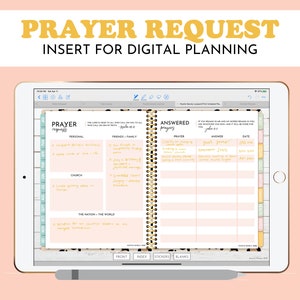 May include: A digital planner page with a pink and white leopard print background. The page is titled "Prayer Request" and includes sections for personal, friends & family, church, and the nation & the world. There is also a section for answered prayers with columns for prayer, answer, and date.