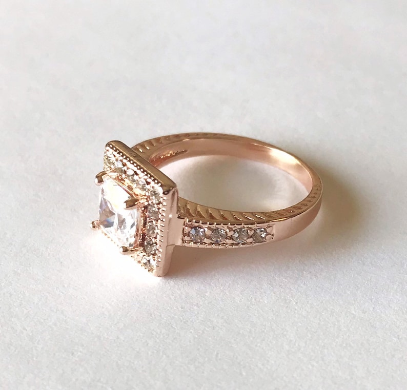 bridal set simulated diamond three bands Gaia 2.5ct princess cut 14k rose gold plated halo engagement ring engagement cubic zirconium