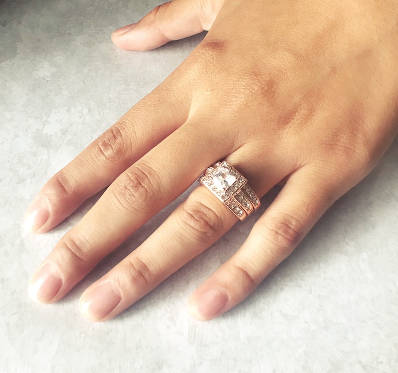 bridal set simulated diamond three bands Gaia 2.5ct princess cut 14k rose gold plated halo engagement ring engagement cubic zirconium
