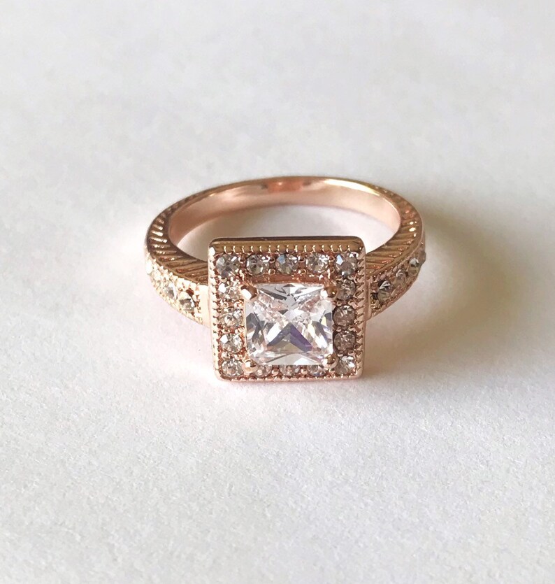 bridal set simulated diamond three bands Gaia 2.5ct princess cut 14k rose gold plated halo engagement ring engagement cubic zirconium