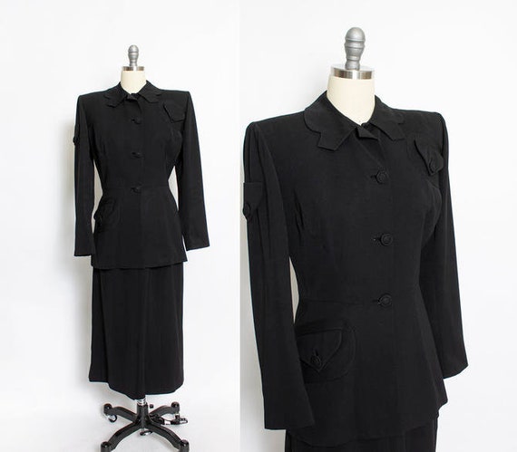 1940s black wool gabardine femme fatale suit - wit