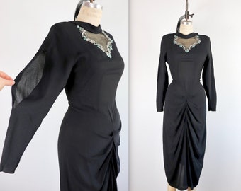 INSANE 1940s black rayon balloon sleeve  pencil evening cocktail dress SMALL XS shoulder pads