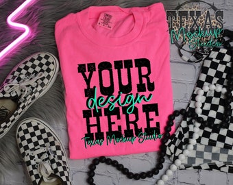Comfort Colors 1717 Neon Pink Mockup, C1717 Trendy Mock-up, Retro Summer Mock, Safety Pink, POD Seller Tools, Retro mockup
