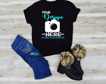 Download Free Bella Canvas 3001 Black t-shirt with boots mockup | black tee mockup | flat lay mockup | fall mockup | shirt mockups | black shirt mockup PSD Template