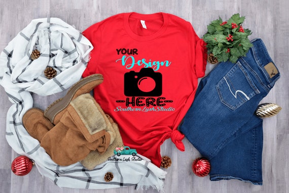 Red Bella Canvas 3001 Flat Lay T-Shirt Mockup Red Bella Canvas 3001 Flat Lay T-Shirt Mockup