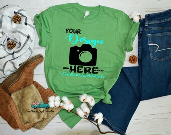 Download Free Bella Canvas 3001 Leaf Green t-shirt mockup | Christmas mockup | fall mockup | flat lay mockup | shirt mockup | womens shirt mockup PSD Template