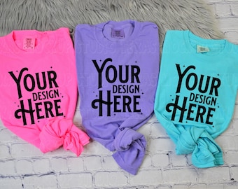 Comfort Colors C1717 Group Mockup, Trendy Mockup, Group Folded Shirt Mockup, Flat Lay Mockup, Bright Neon Comfort Colors Mockup