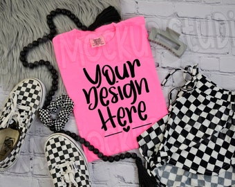Comfort Colors 1717 Neon Pink Mockup, C1717 Trendy Mock-up, Retro Summer Mock, Safety Pink, POD Seller Tools, Retro mockup